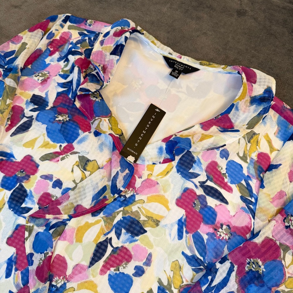 Investments Riley‎ Blouse Womens 1X Multicolor Floral Ruffle Chiffon Top NWT